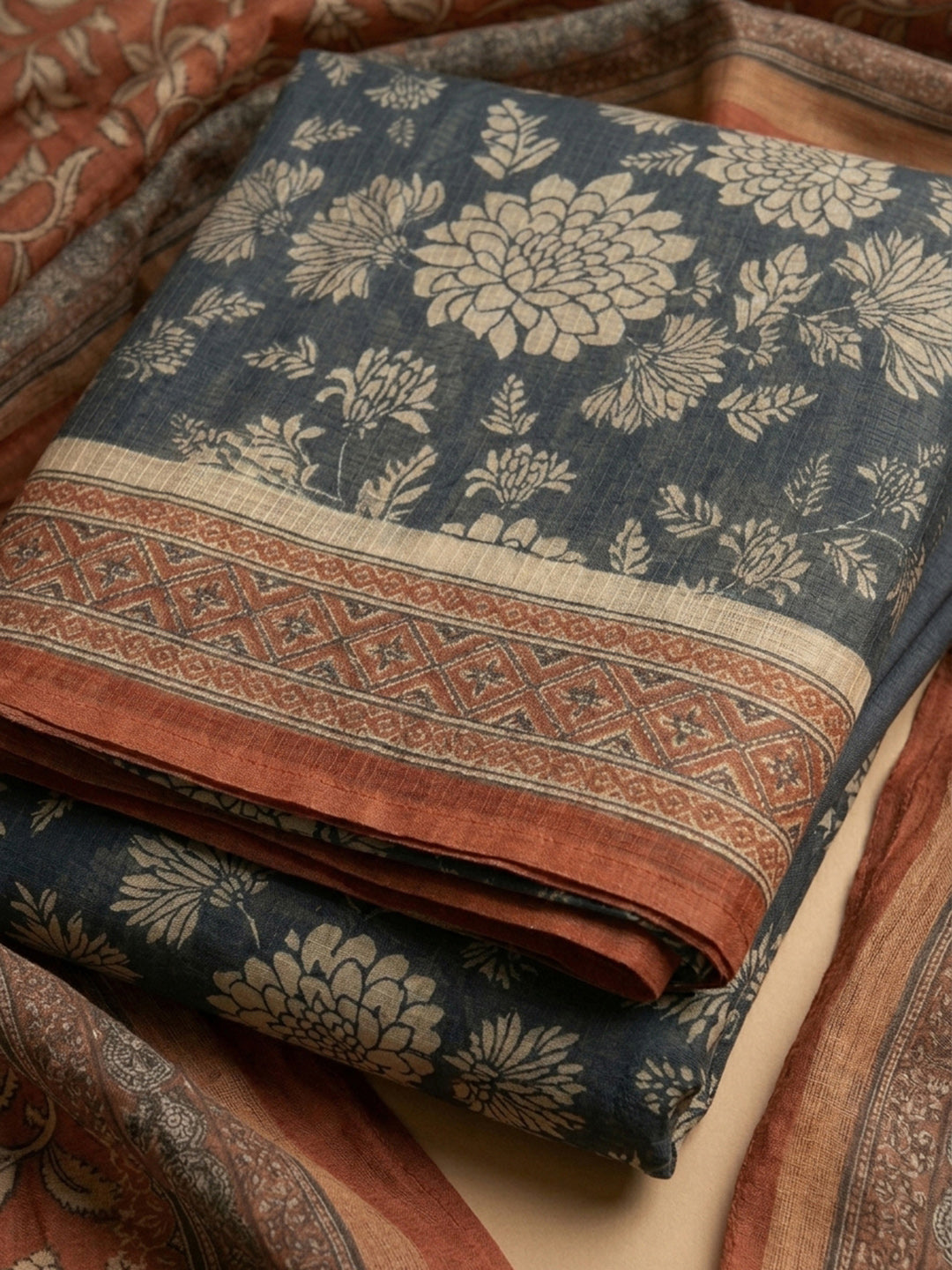 Grey-Rust Printed Chanderi Unstitched Dress Material