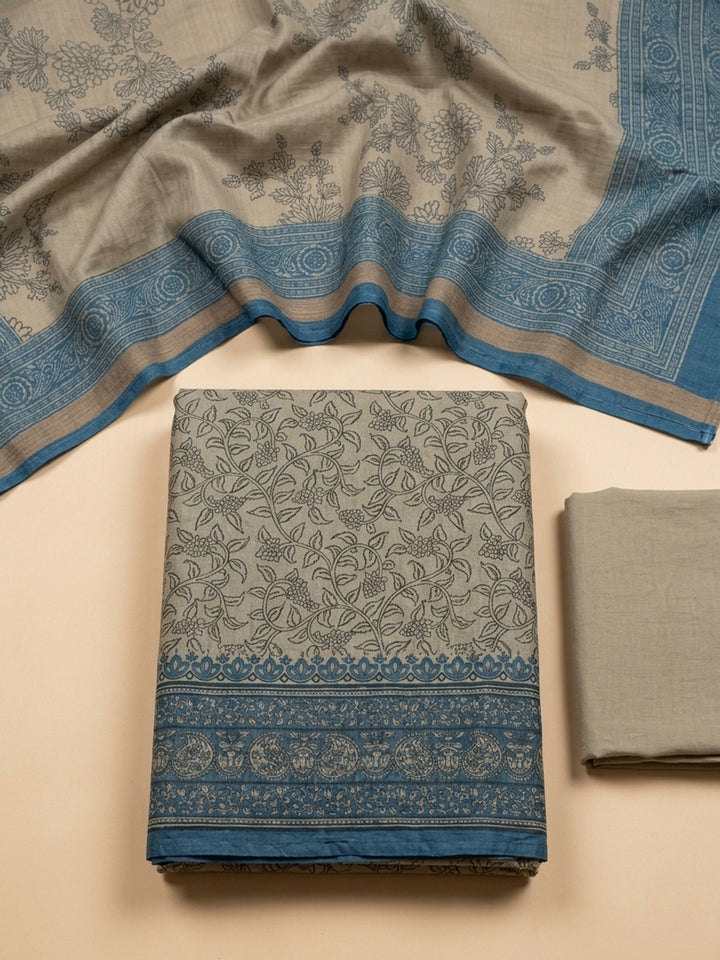 Beige-Blue Printed Chanderi Unstitched Dress Material