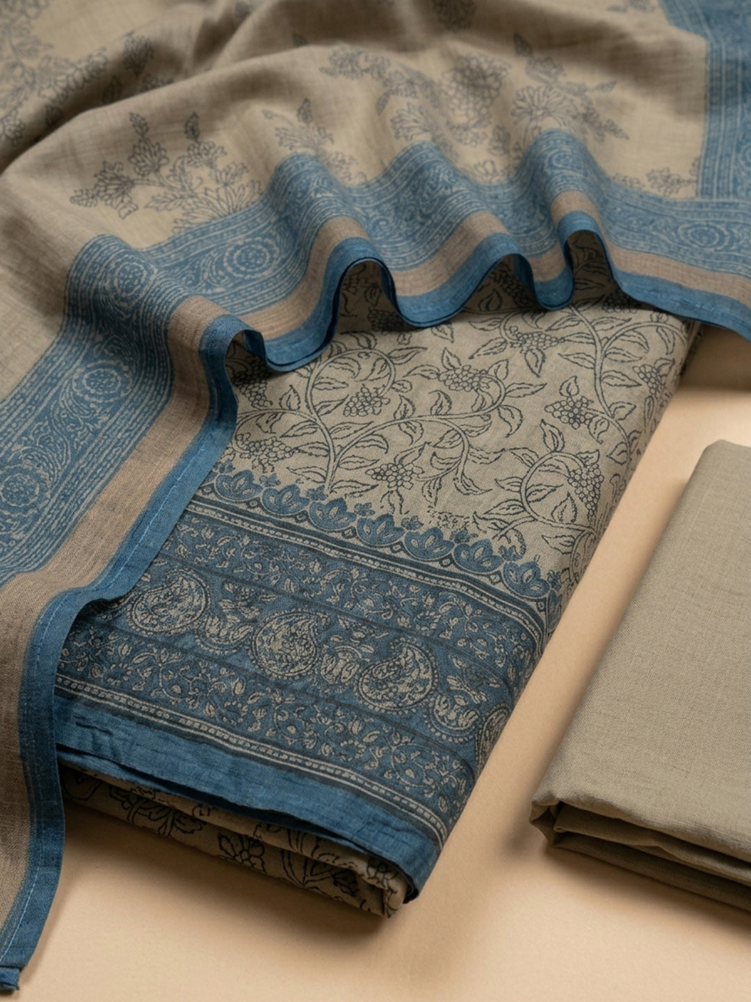 Beige-Blue Printed Chanderi Unstitched Dress Material