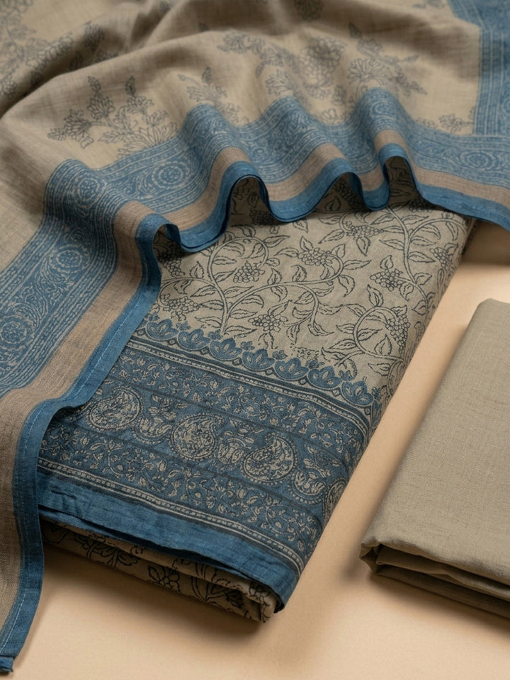 Beige-Blue Printed Chanderi Unstitched Dress Material