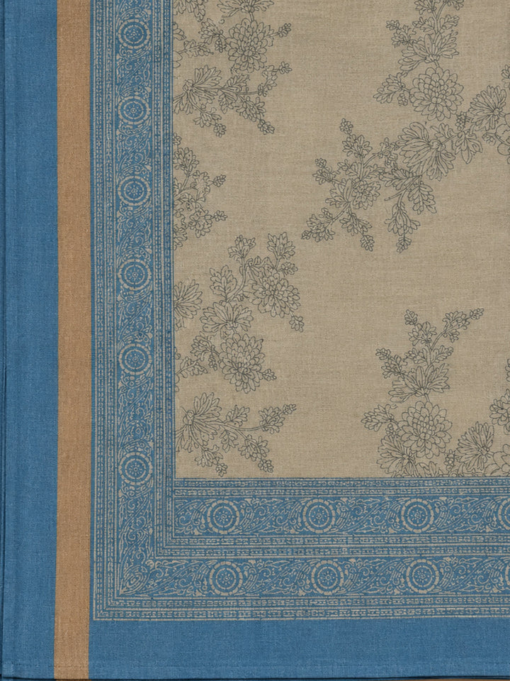 Beige-Blue Printed Chanderi Unstitched Dress Material
