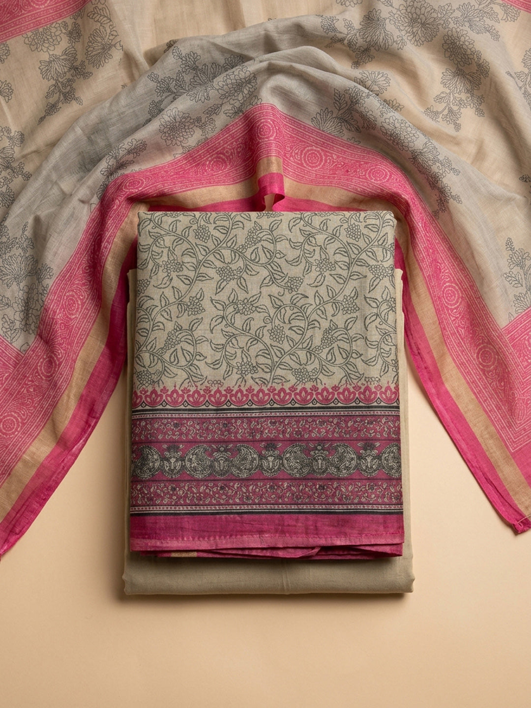 Beige-Pink Printed Chanderi Unstitched Dress Material