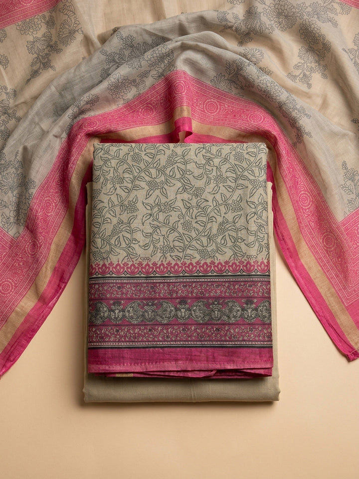 Beige-Pink Printed Chanderi Unstitched Dress Material