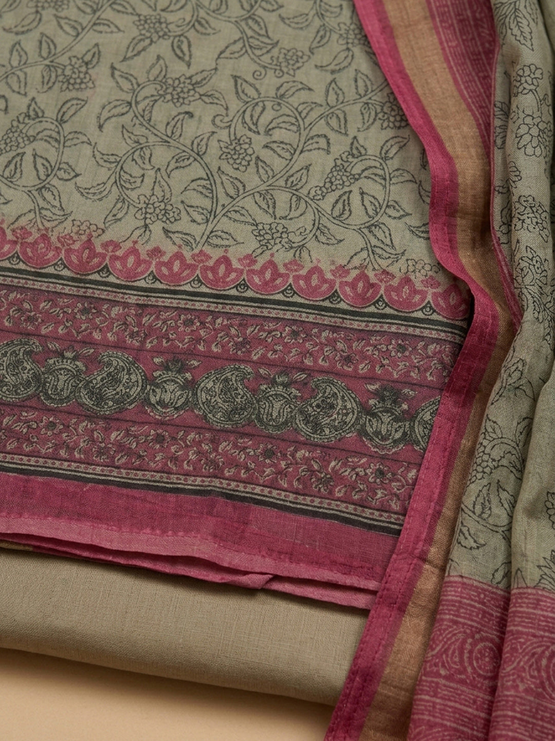Beige-Pink Printed Chanderi Unstitched Dress Material