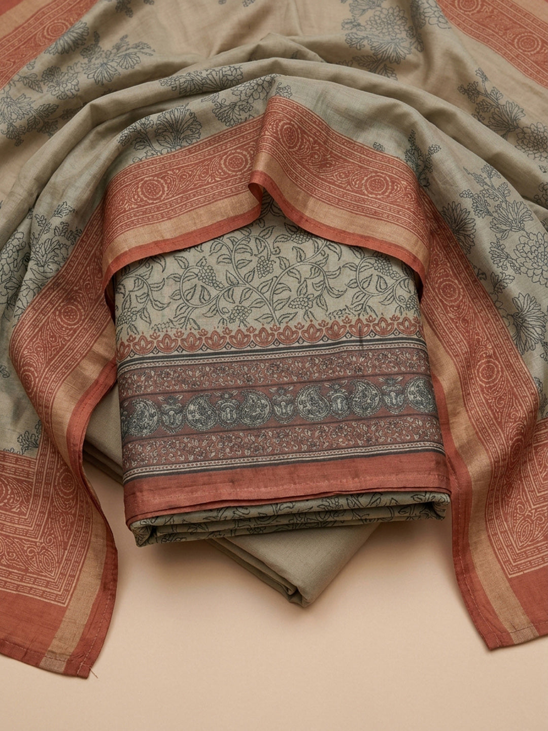 Beige-Rust Printed Chanderi Unstitched Dress Material
