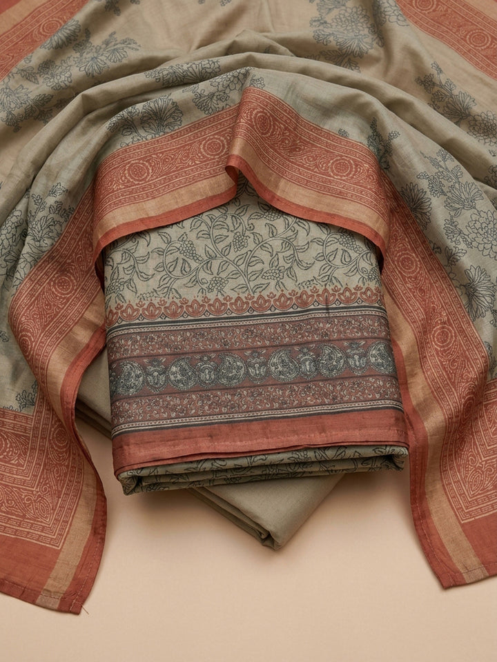 Beige-Rust Printed Chanderi Unstitched Dress Material