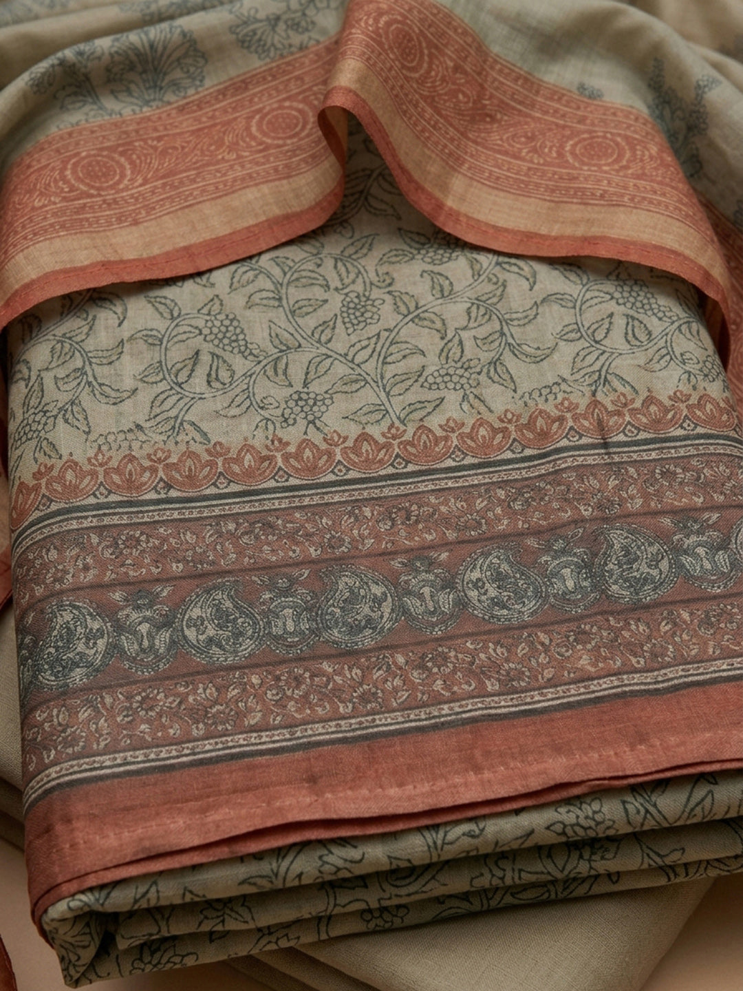 Beige-Rust Printed Chanderi Unstitched Dress Material