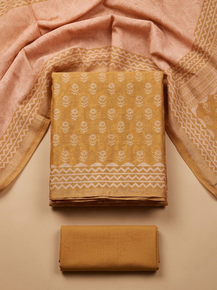 Mustard Printed Chanderi Unstitched Dress Material