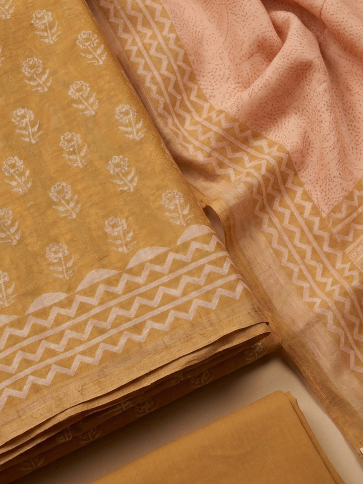 Mustard Printed Chanderi Unstitched Dress Material