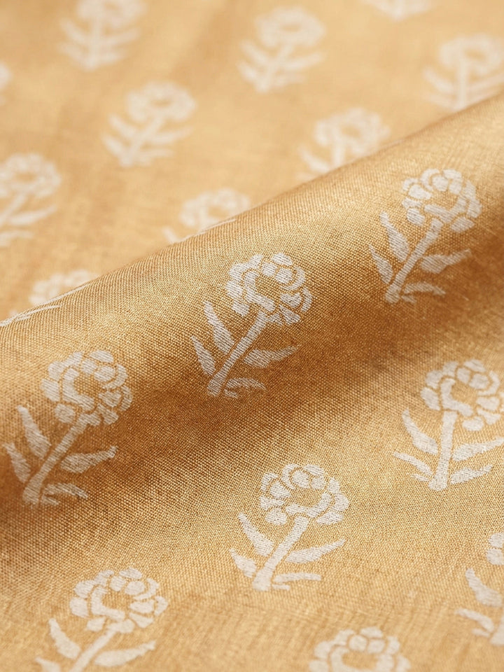 Mustard Printed Chanderi Unstitched Dress Material