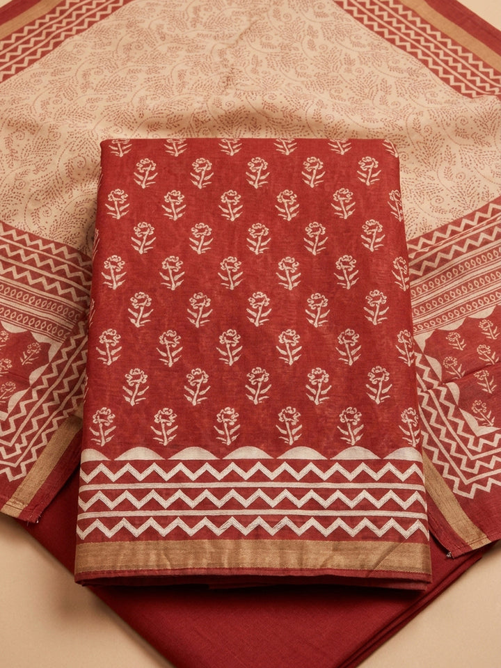 Red Printed Chanderi Unstitched Dress Material