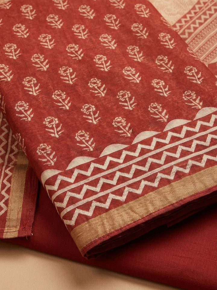 Red Printed Chanderi Unstitched Dress Material