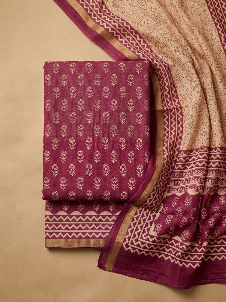 Wine Printed Chanderi Unstitched Dress Material