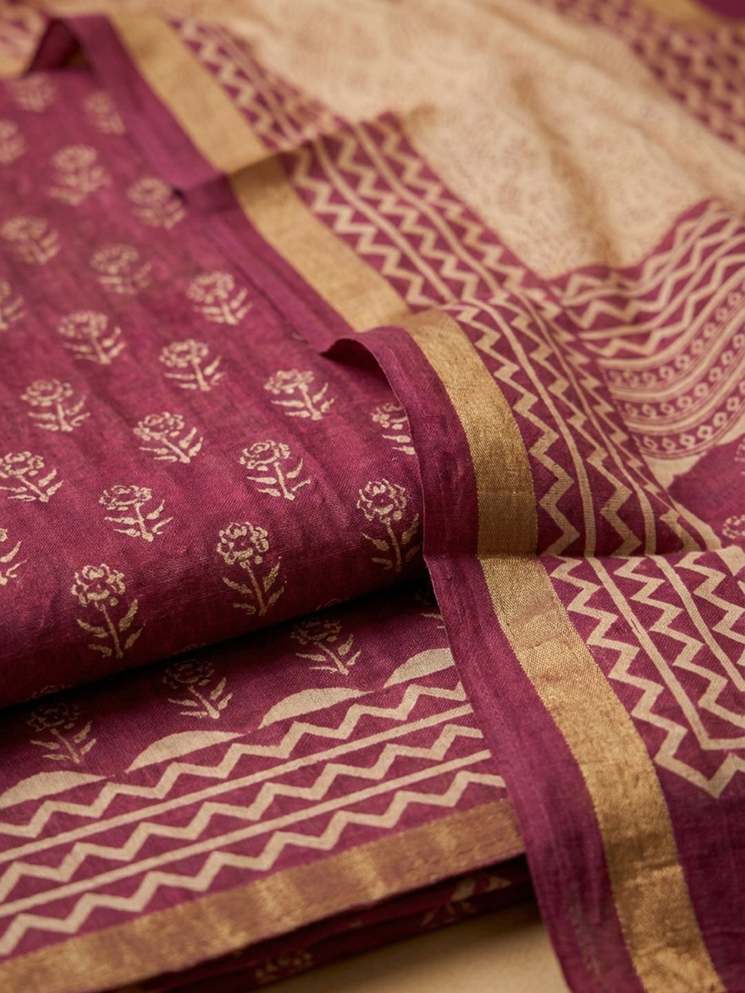 Wine Printed Chanderi Unstitched Dress Material