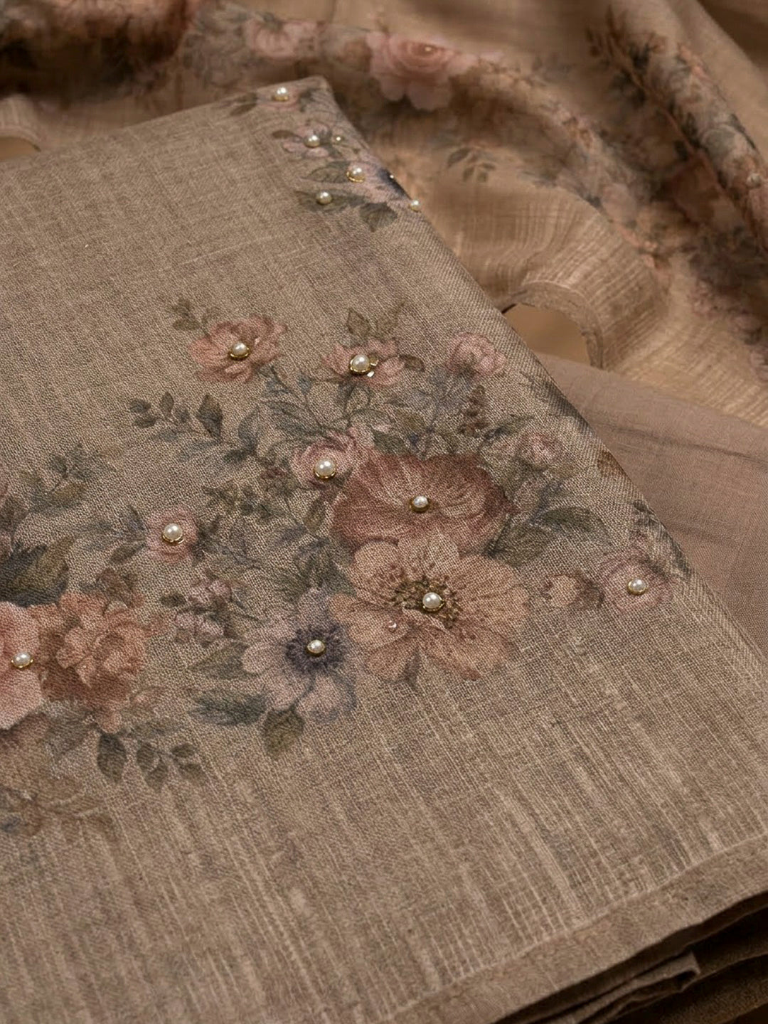 Beige Linen Blend Printed Unstitched Dress Material