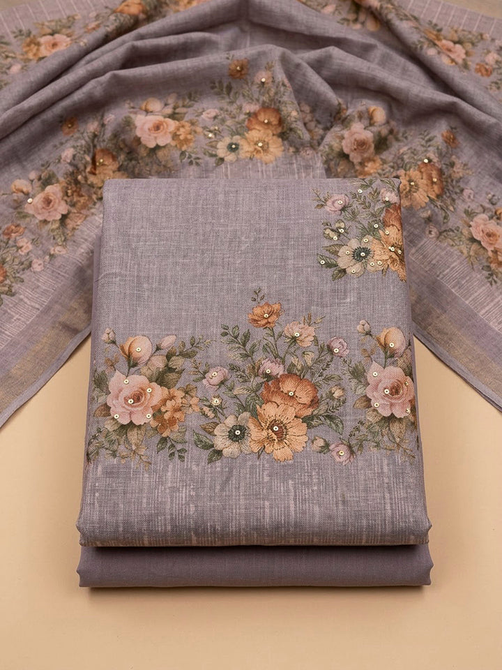 Mauve Linen Blend Printed Unstitched Dress Material