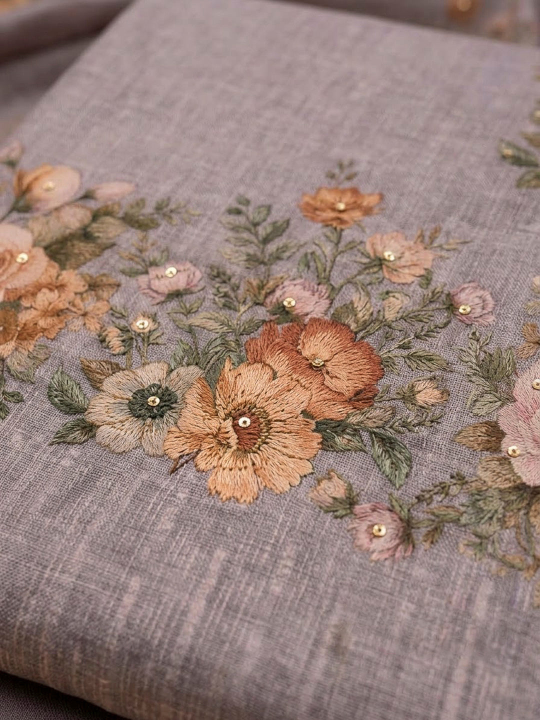 Mauve Linen Blend Printed Unstitched Dress Material