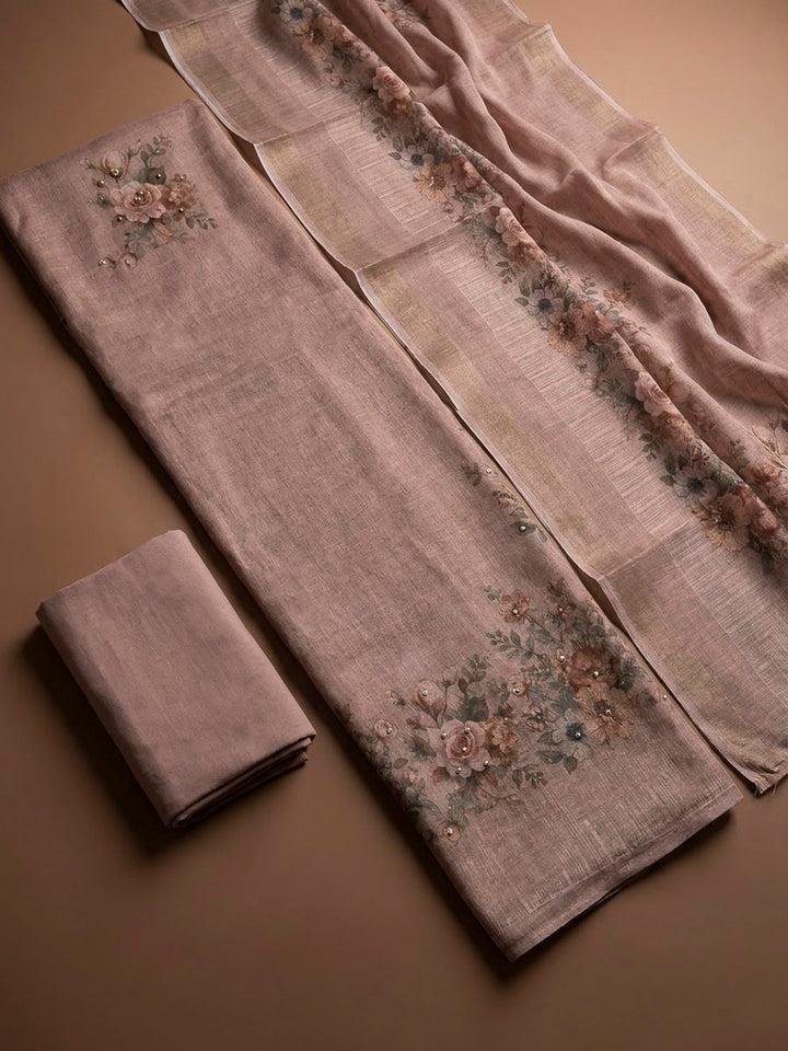Onion Pink Linen Blend Printed Unstitched Dress Material