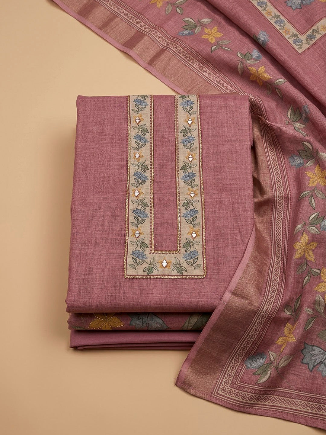 Onion Pink Chanderi Printed Unstitched Dress Material