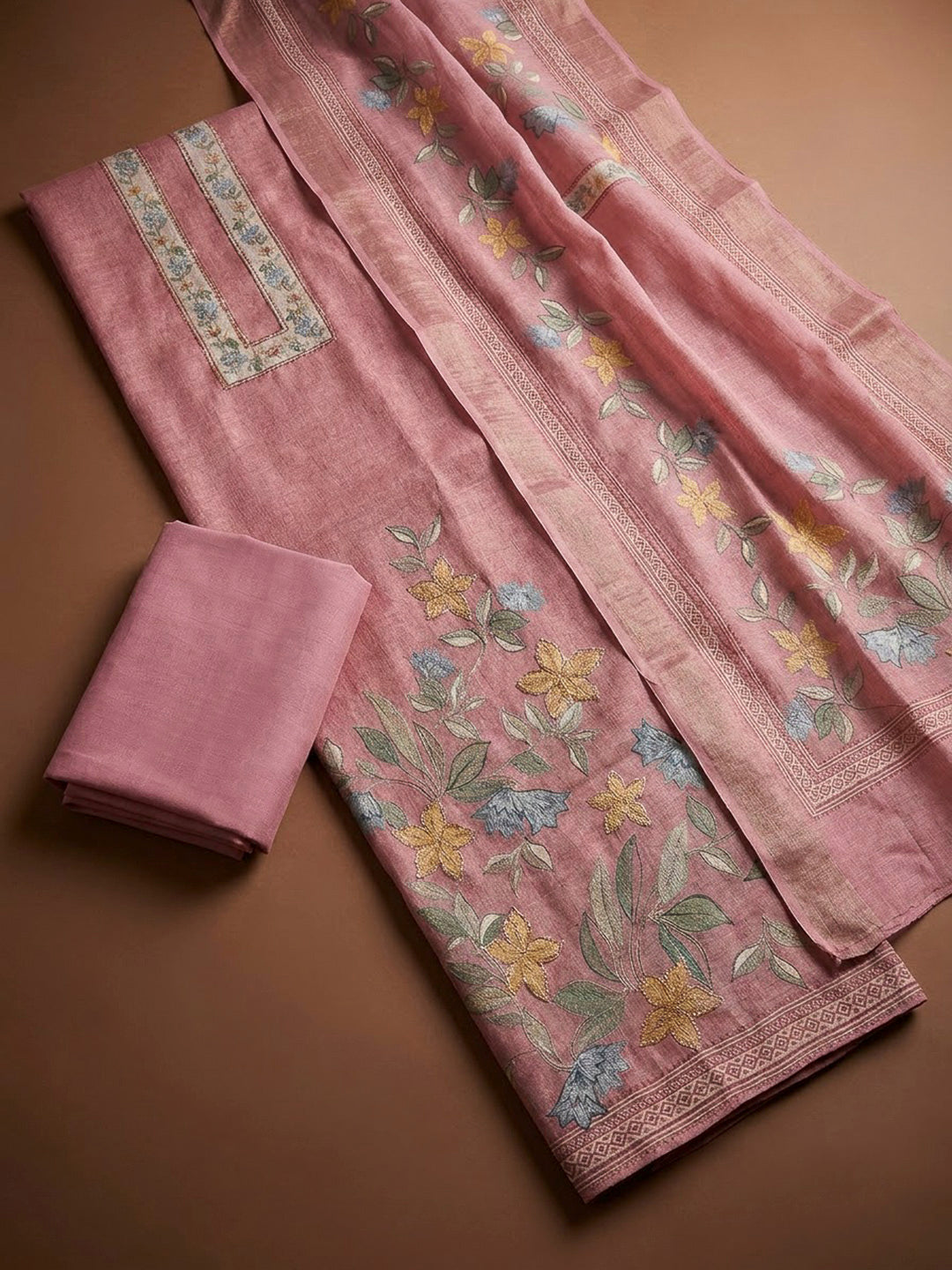 Onion Pink Chanderi Printed Unstitched Dress Material
