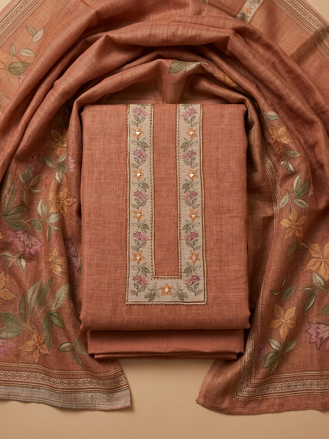 Peach Chanderi Printed Unstitched Dress Material