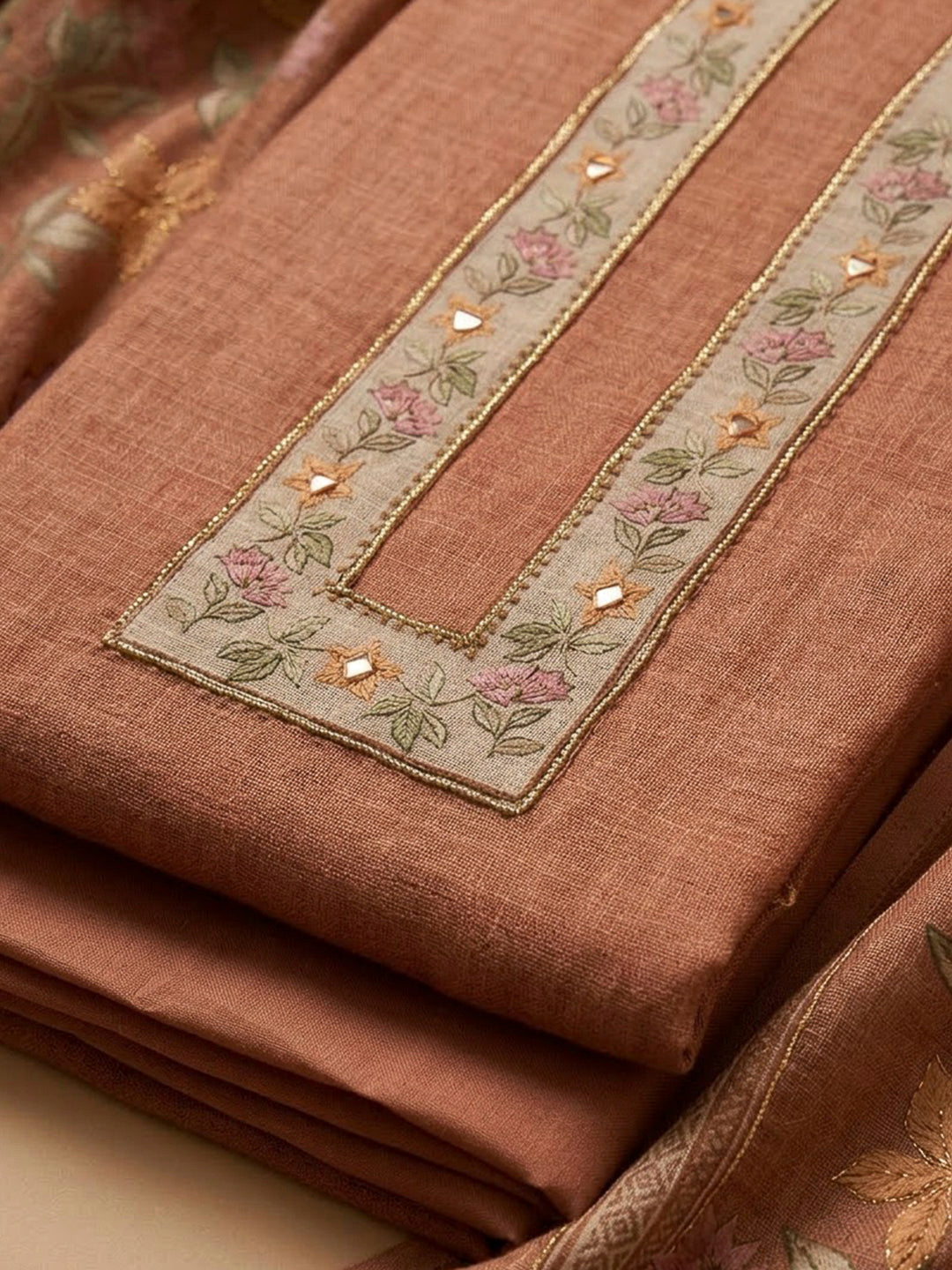 Peach Chanderi Printed Unstitched Dress Material