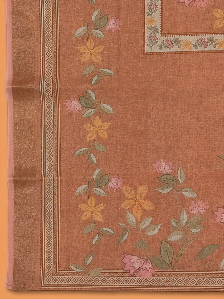 Peach Chanderi Printed Unstitched Dress Material
