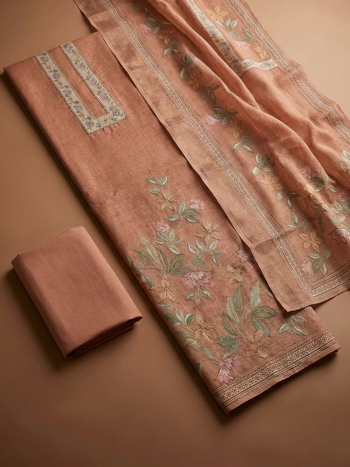 Peach Chanderi Printed Unstitched Dress Material
