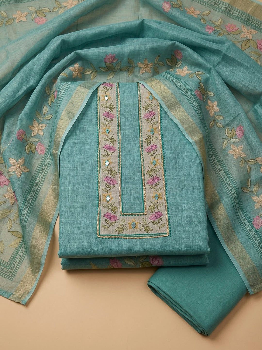 Sky Blue Chanderi Printed Unstitched Dress Material