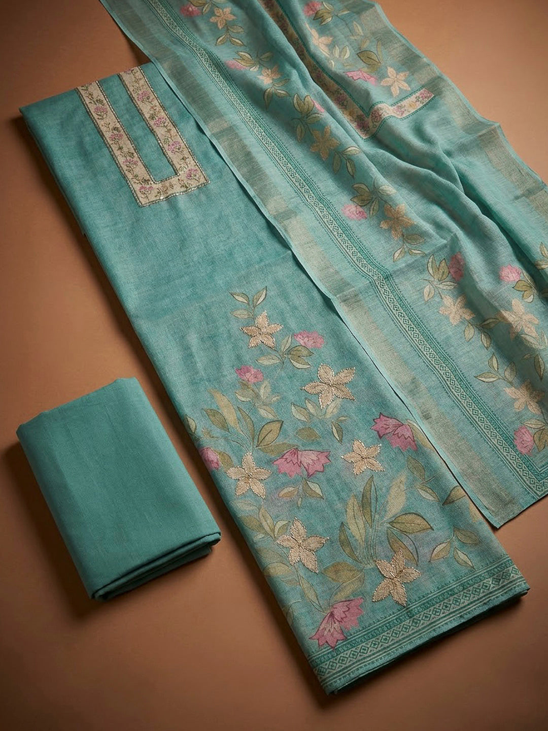 Sky Blue Chanderi Printed Unstitched Dress Material