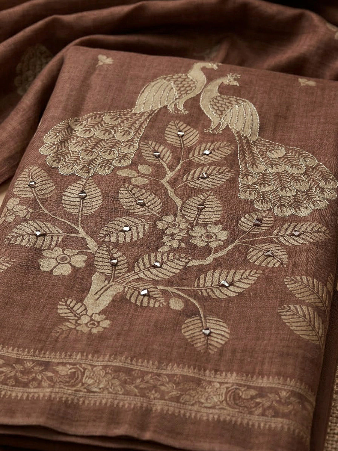 Brown Linen Blend Printed Unstitched Dress Material