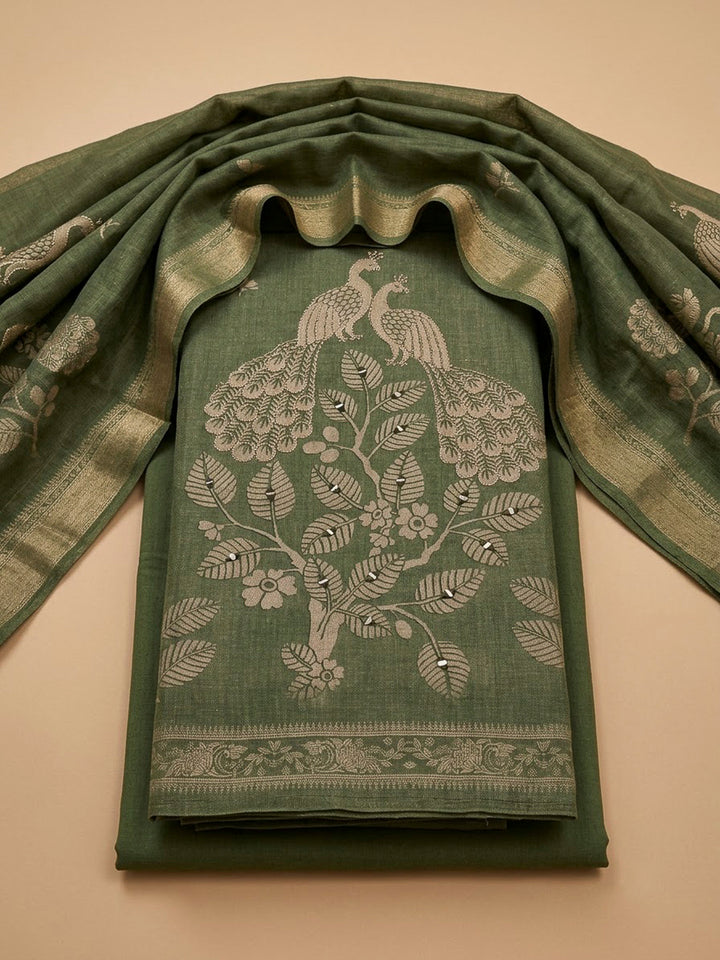 Green Linen Blend Printed Unstitched Dress Material
