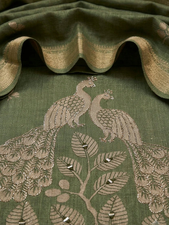 Green Linen Blend Printed Unstitched Dress Material