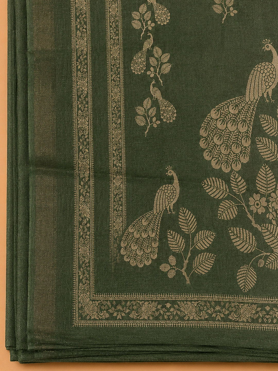 Green Linen Blend Printed Unstitched Dress Material