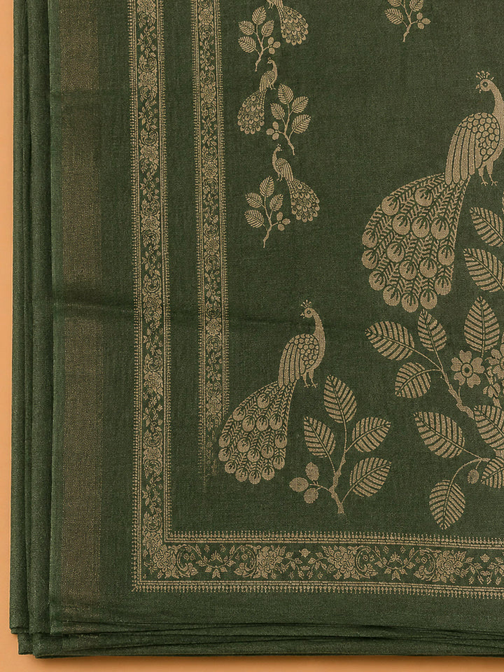 Green Linen Blend Printed Unstitched Dress Material