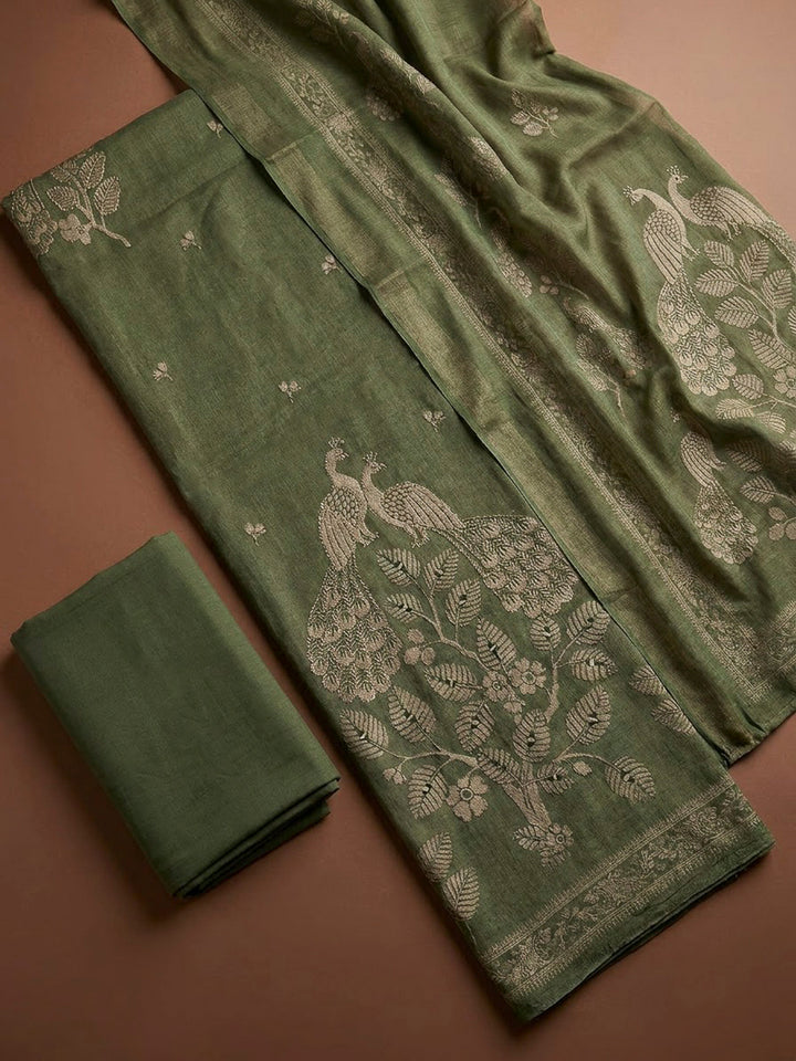 Green Linen Blend Printed Unstitched Dress Material
