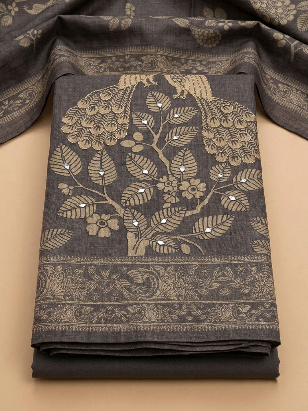 Grey Linen Blend Printed Unstitched Dress Material