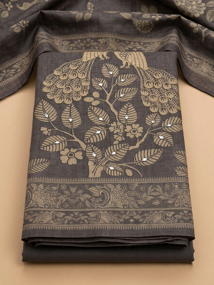 Grey Linen Blend Printed Unstitched Dress Material