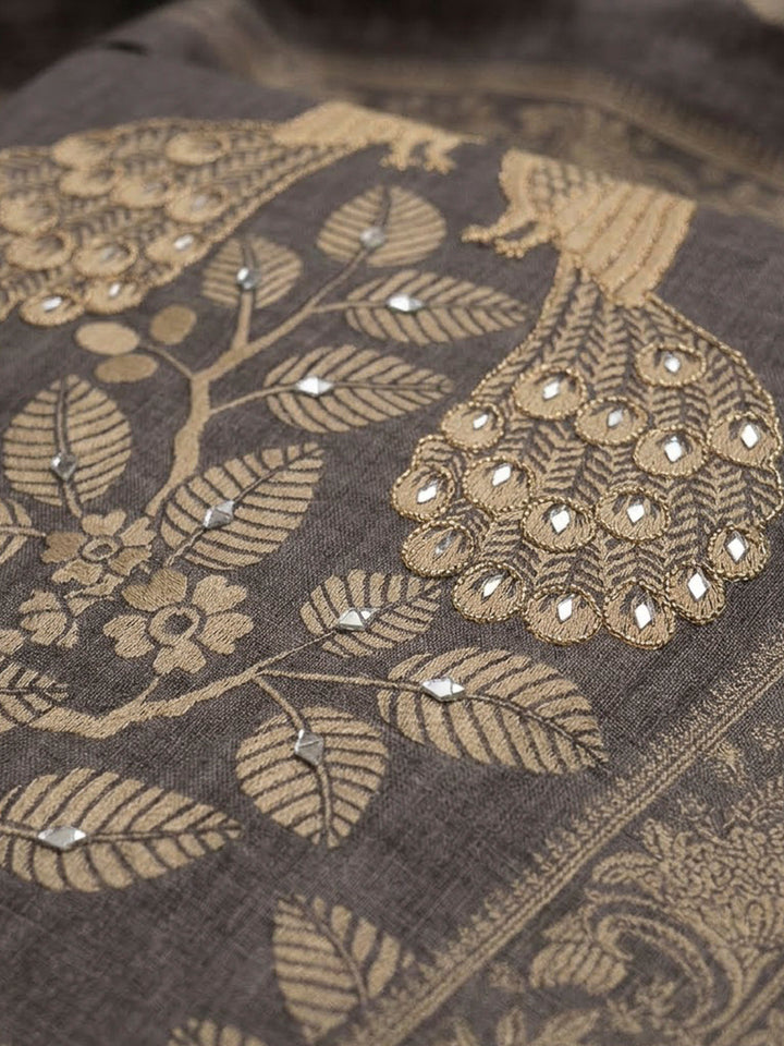 Grey Linen Blend Printed Unstitched Dress Material