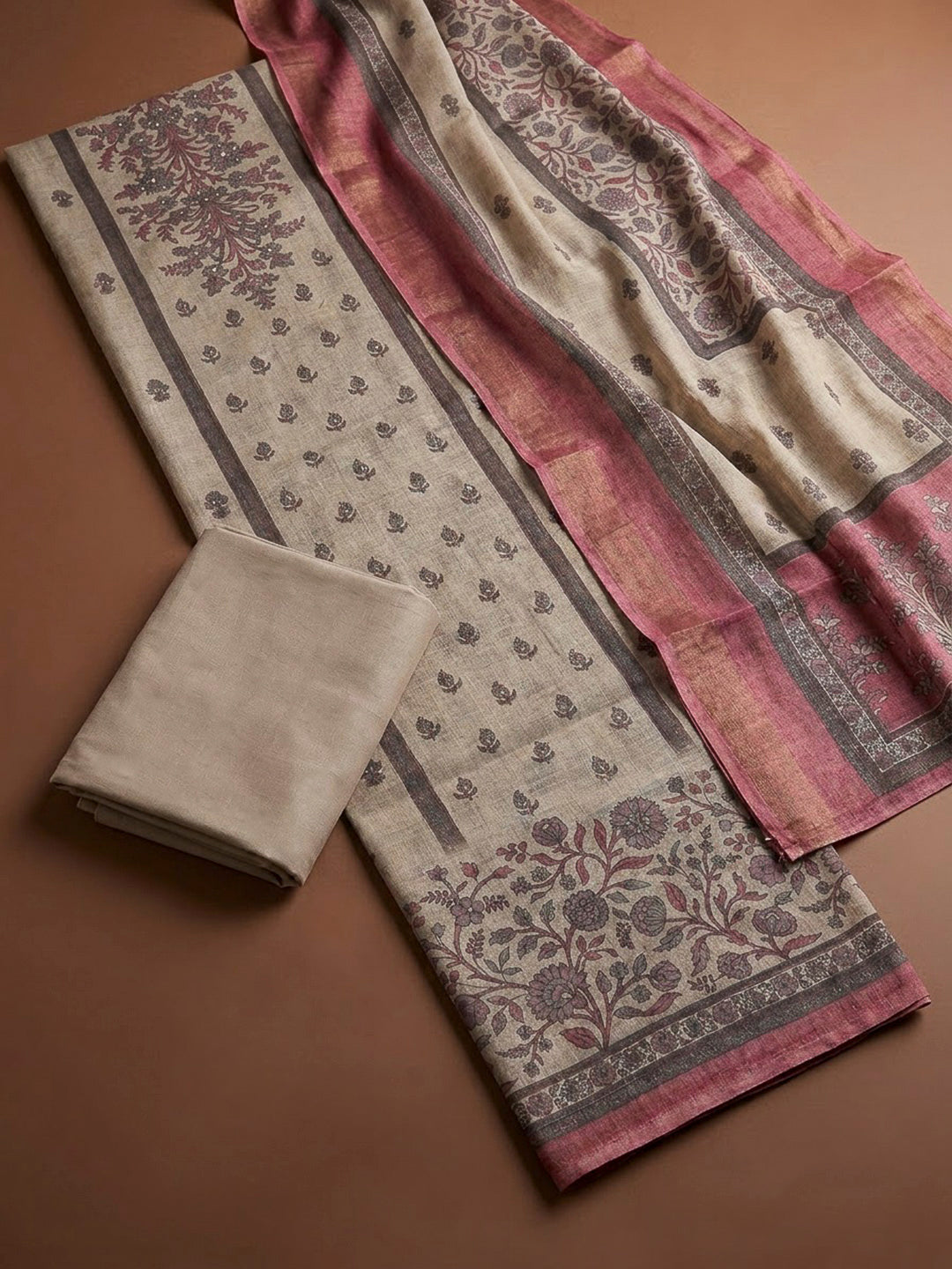 Onion Pink Linen Blend Printed Unstitched Dress Material