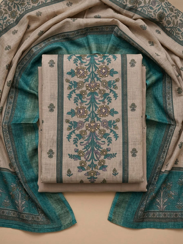 Rama Green Linen Blend Printed Unstitched Dress Material