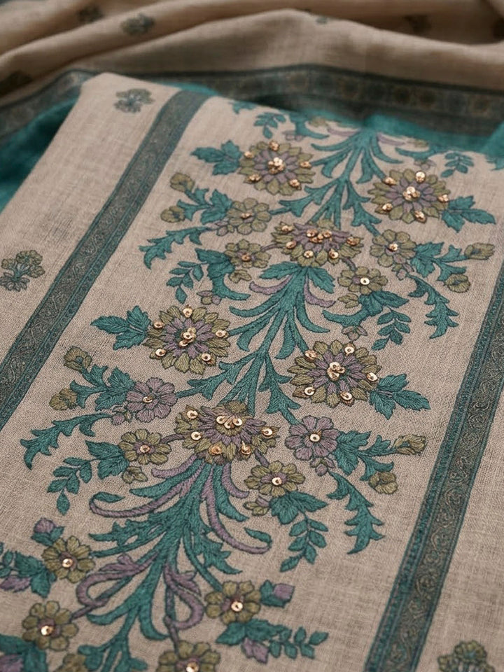 Rama Green Linen Blend Printed Unstitched Dress Material