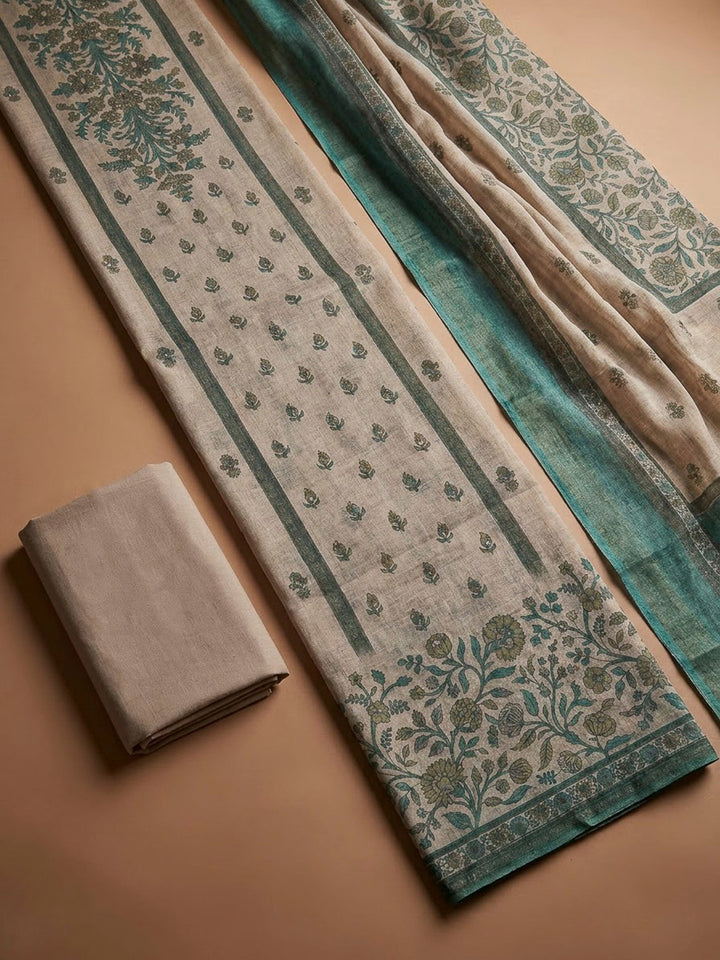 Rama Green Linen Blend Printed Unstitched Dress Material