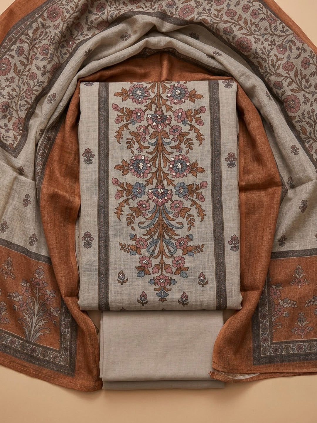 Rust Linen Blend Printed Unstitched Dress Material