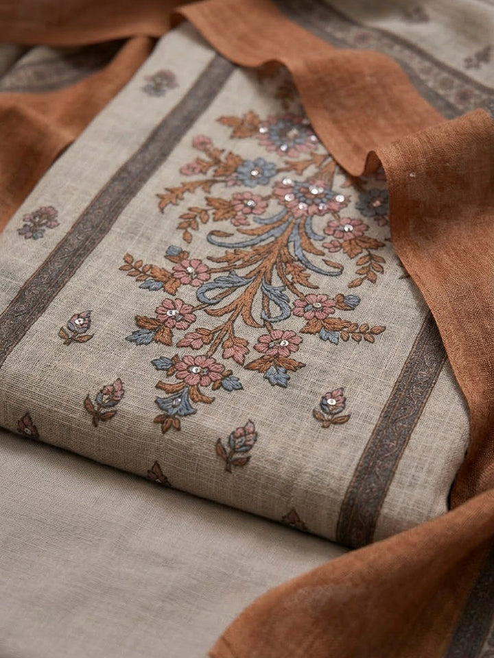 Rust Linen Blend Printed Unstitched Dress Material