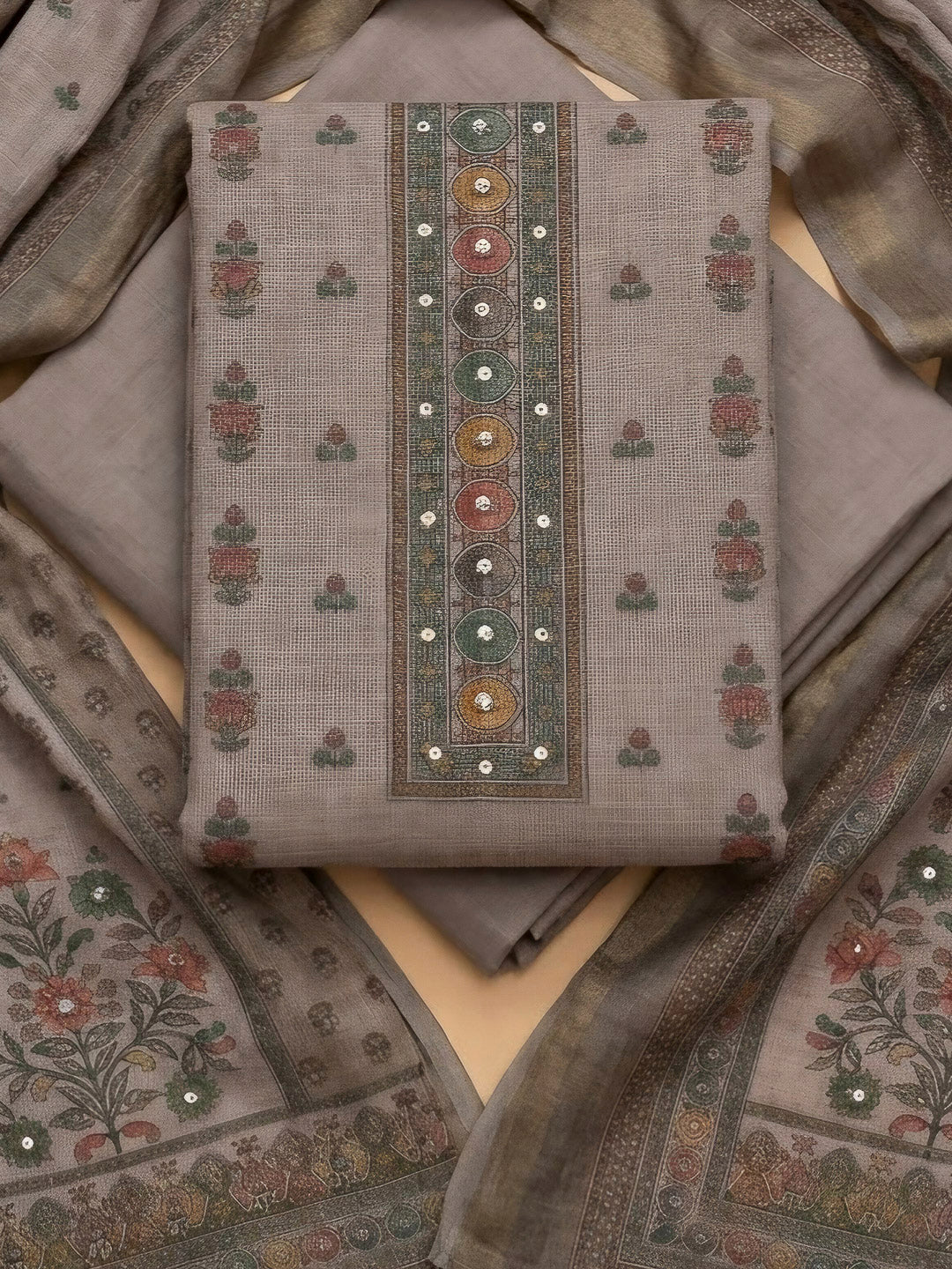 Beige Linen Blend Embroidered Unstitched Dress Material