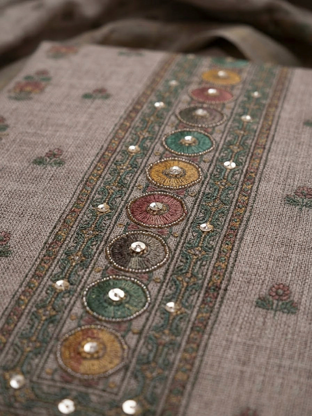 Beige Linen Blend Embroidered Unstitched Dress Material