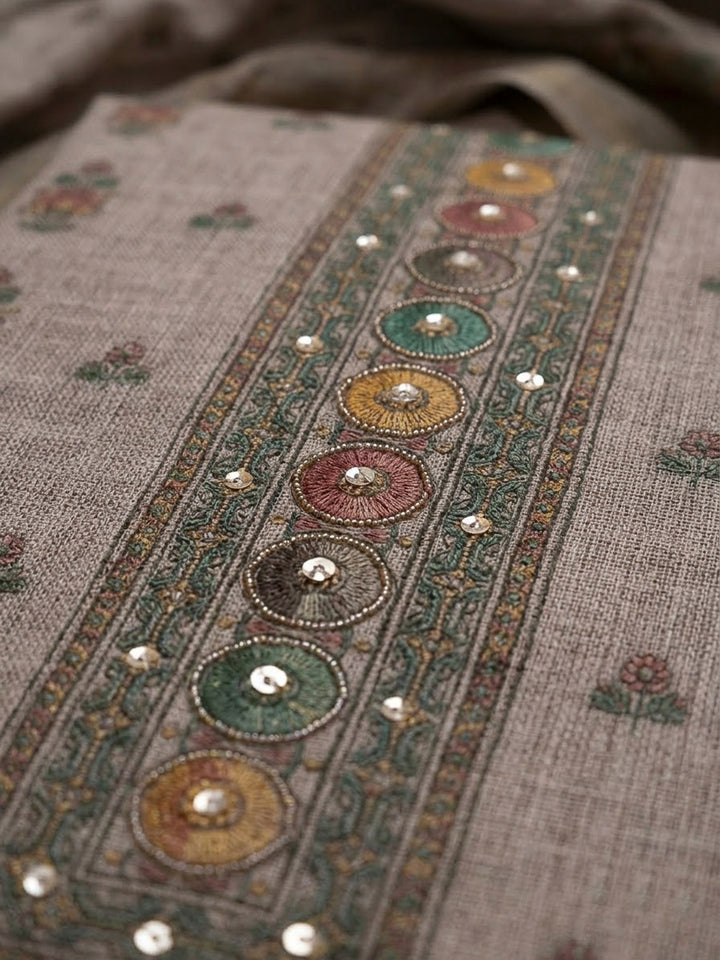 Beige Linen Blend Embroidered Unstitched Dress Material