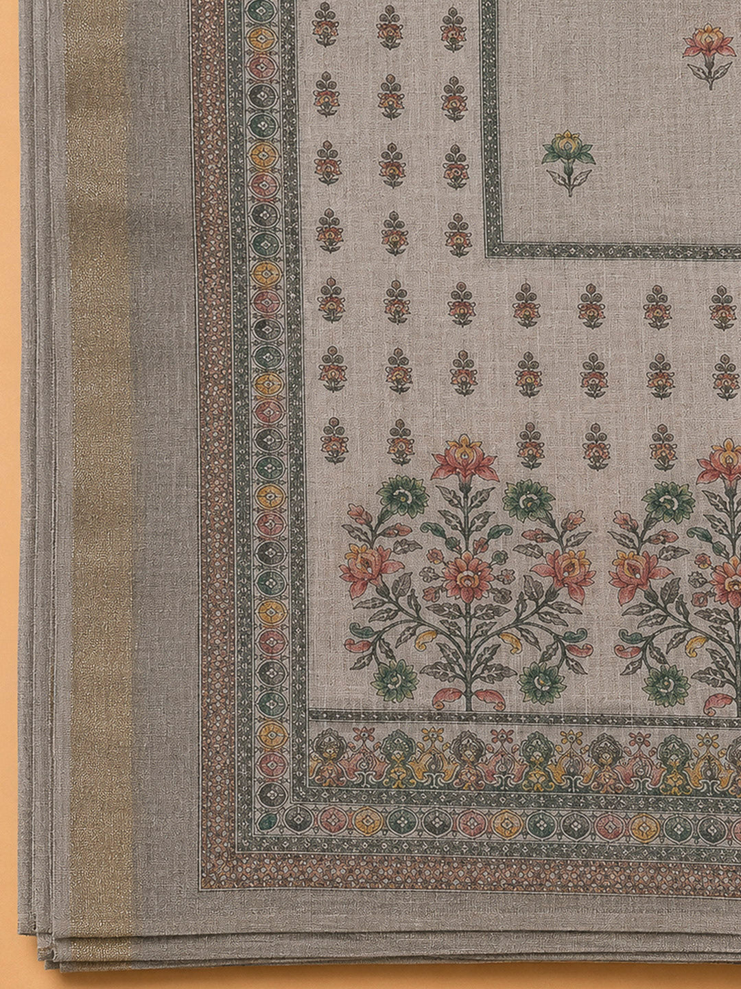Beige Linen Blend Embroidered Unstitched Dress Material