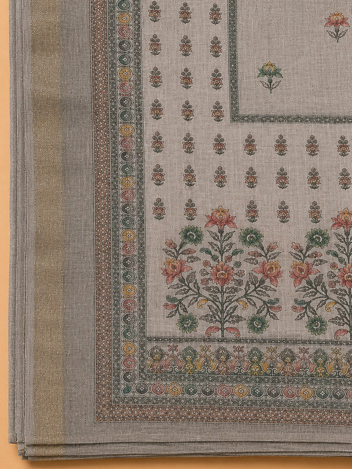 Beige Linen Blend Embroidered Unstitched Dress Material